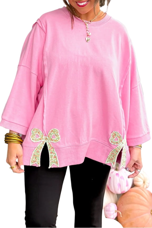 Casual Pink Floral Bow Sweatshirt for Women - Stylish Patchwork Design for Fall & Spring | L