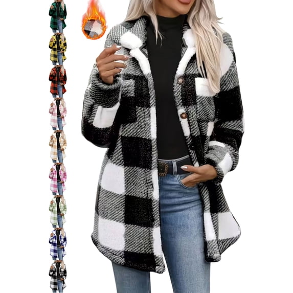 Casual Plaid Fuzzy Jackets for Women Collared Button Front Long Sleeve Oversized Loose Fit Outerwear