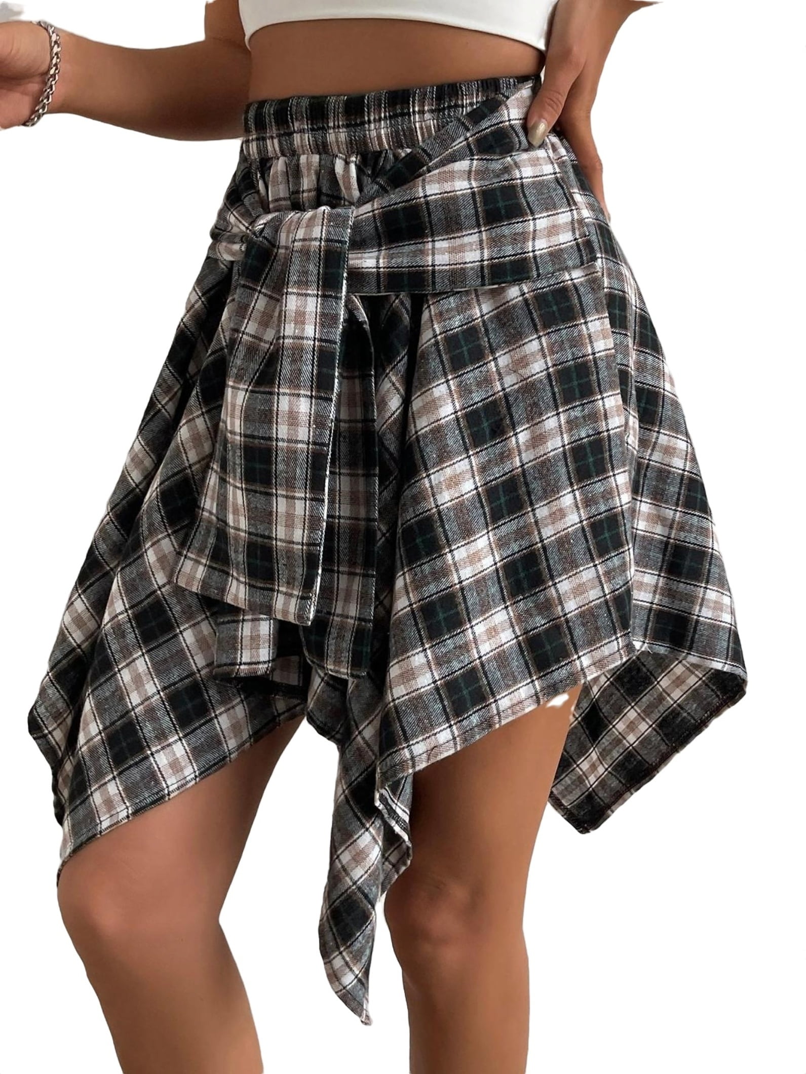 Blotona Women Plaid Skirt High Waist Irregular Loose 90s Uniform Fake Shirt Midi Skirt Summer Hipster Streetwear Walmart