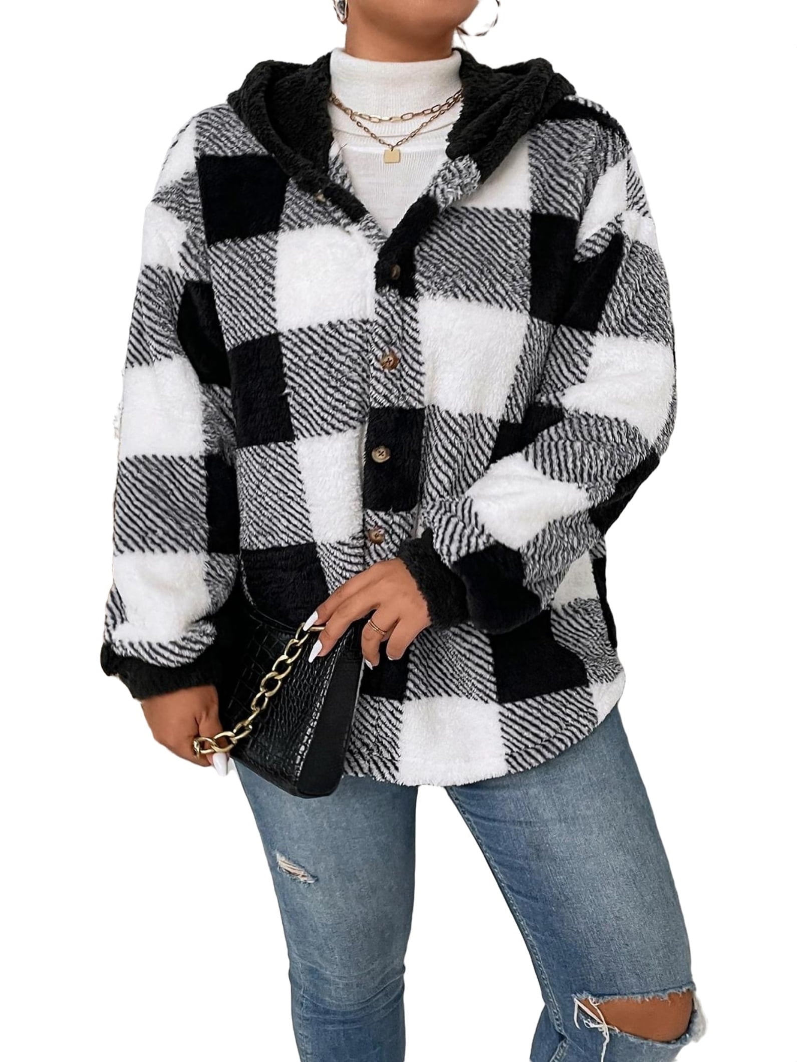 Black and white store plaid hooded jacket