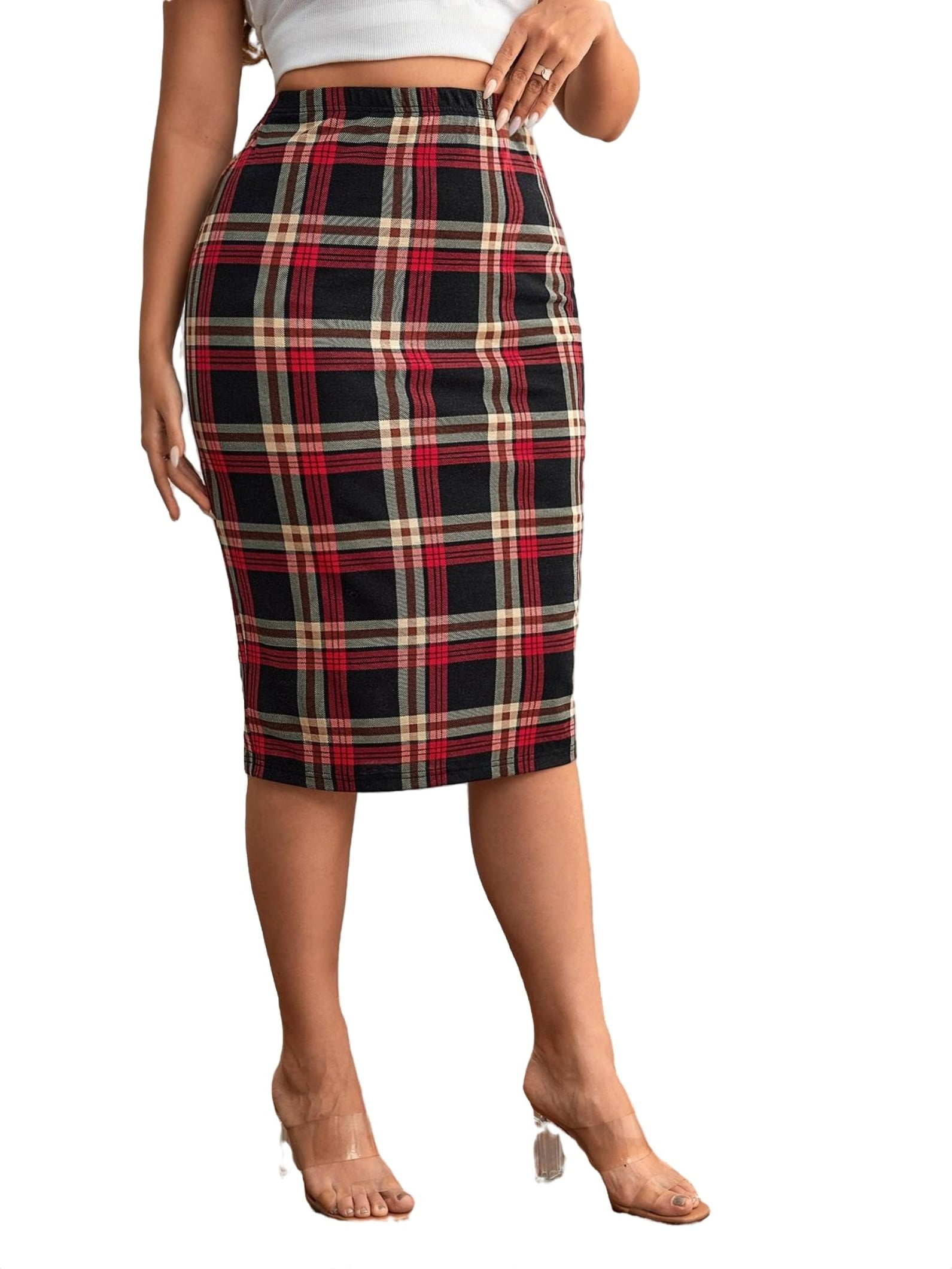 Plus size red plaid pencil skirt sale