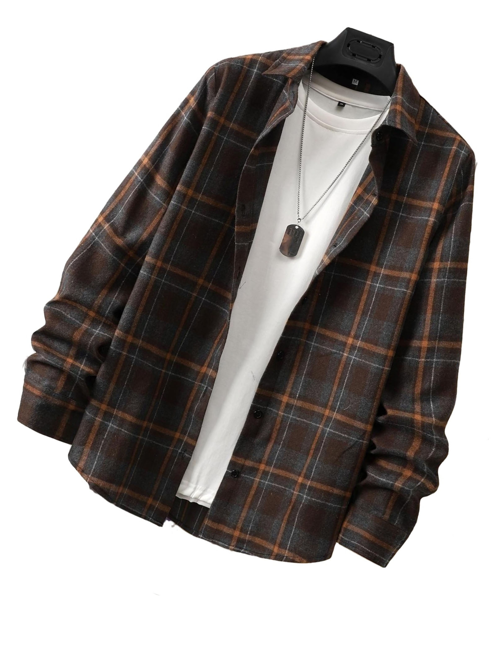 Casual Plaid Print Shirt Coffee Brown Long Sleeve Men Shirts