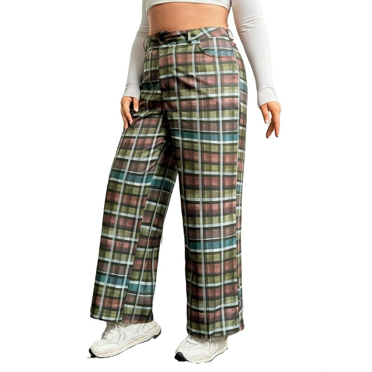 Casual Plaid Print Straight Leg Pants Multicolor Plus Size Pants