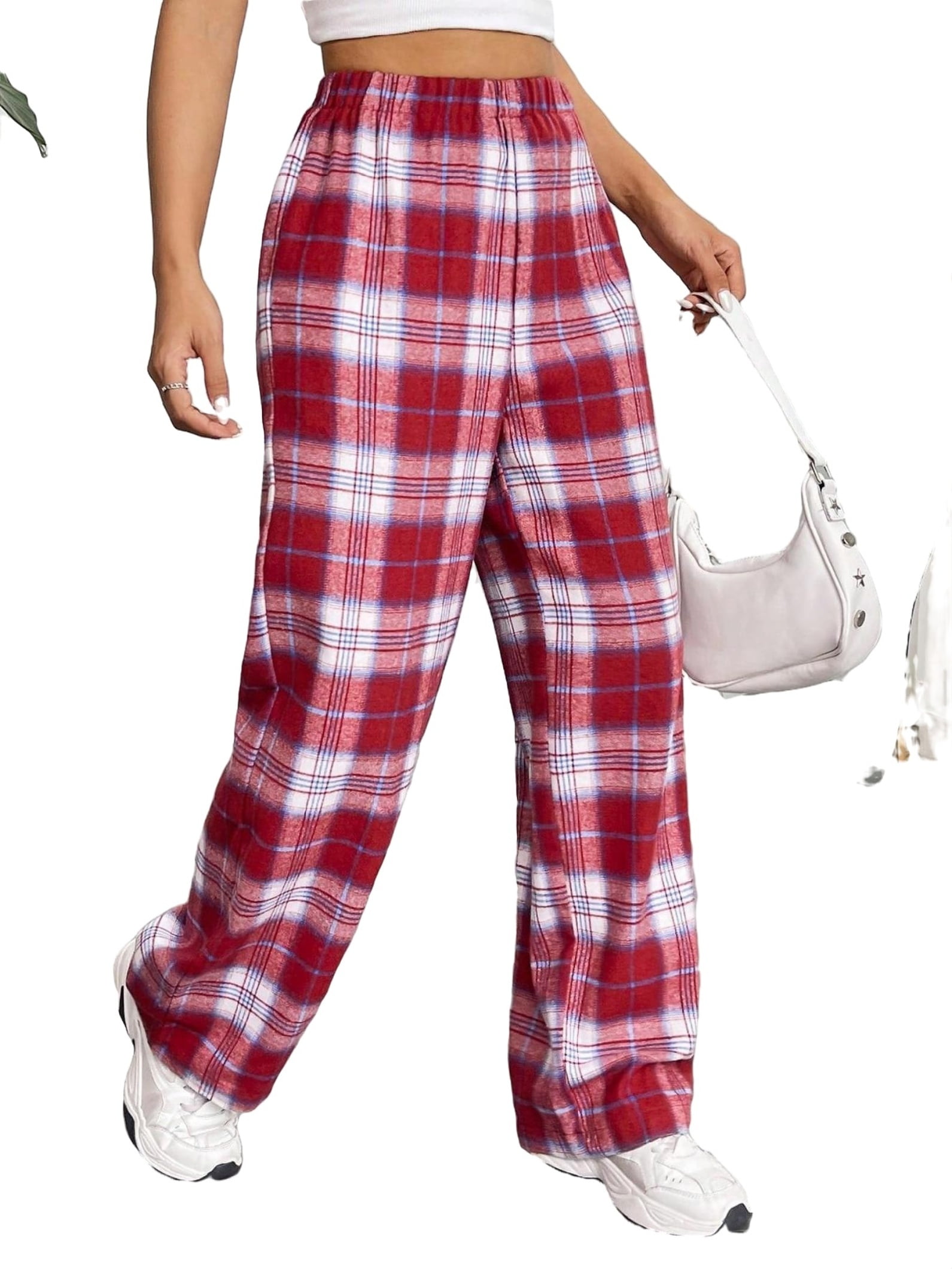 Casual Plaid Print Wide Leg Red Women Pants (Women's)