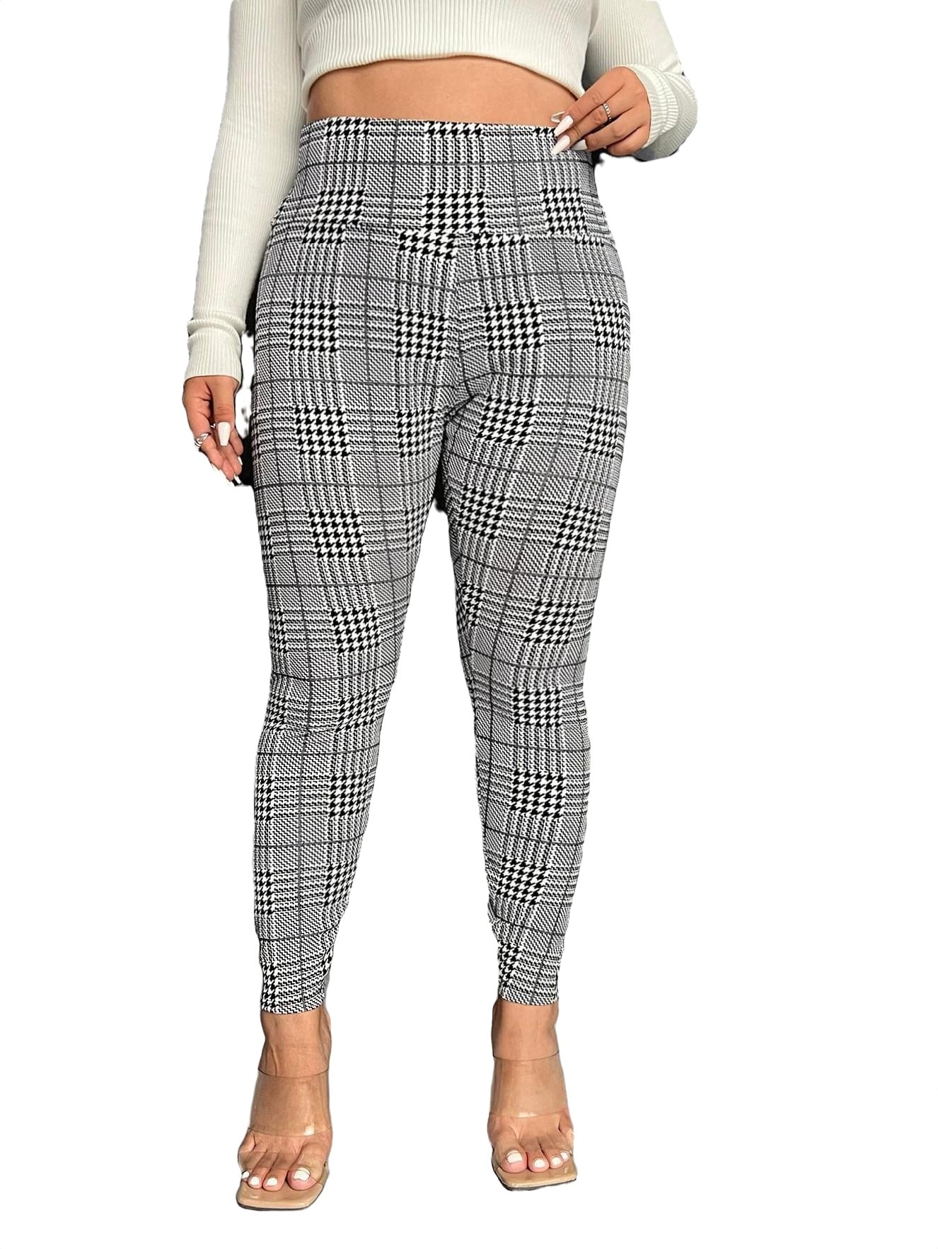 Casual Plaid Regular Black and White Plus Size Leggings (Women's) 