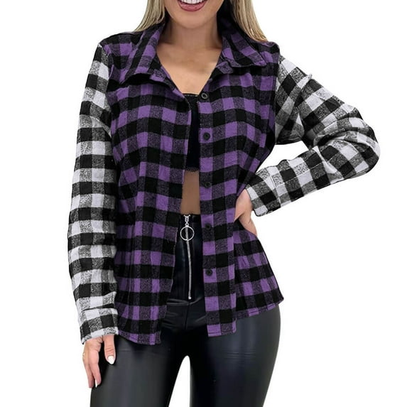 Casual Plaid Shirts for Women Button Down Long Sleeve Colorblock Flannel Shacket Jackets Checkered Fall Clothes (S, Purple)