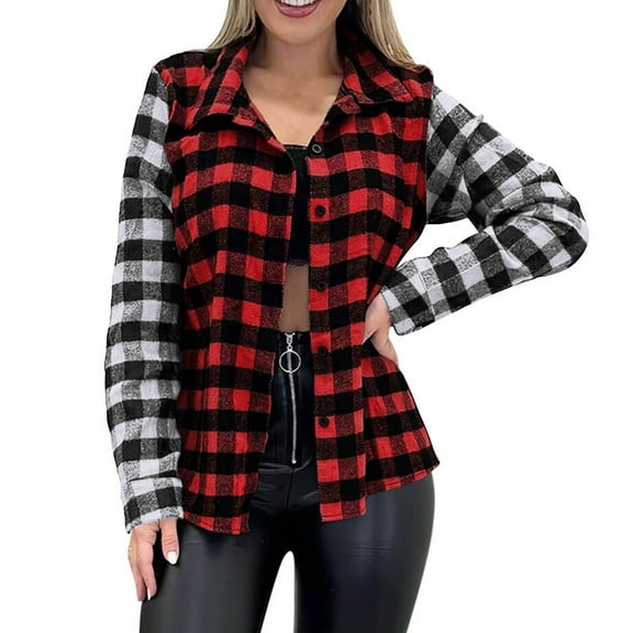Casual Plaid Shirts for Women Button Down Long Sleeve Colorblock Flannel Shacket Jackets Checkered Fall Clothes (S, Red)