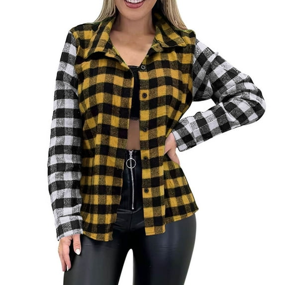 Casual Plaid Shirts for Women Button Down Long Sleeve Colorblock Flannel Shacket Jackets Checkered Fall Clothes (S, Yellow)