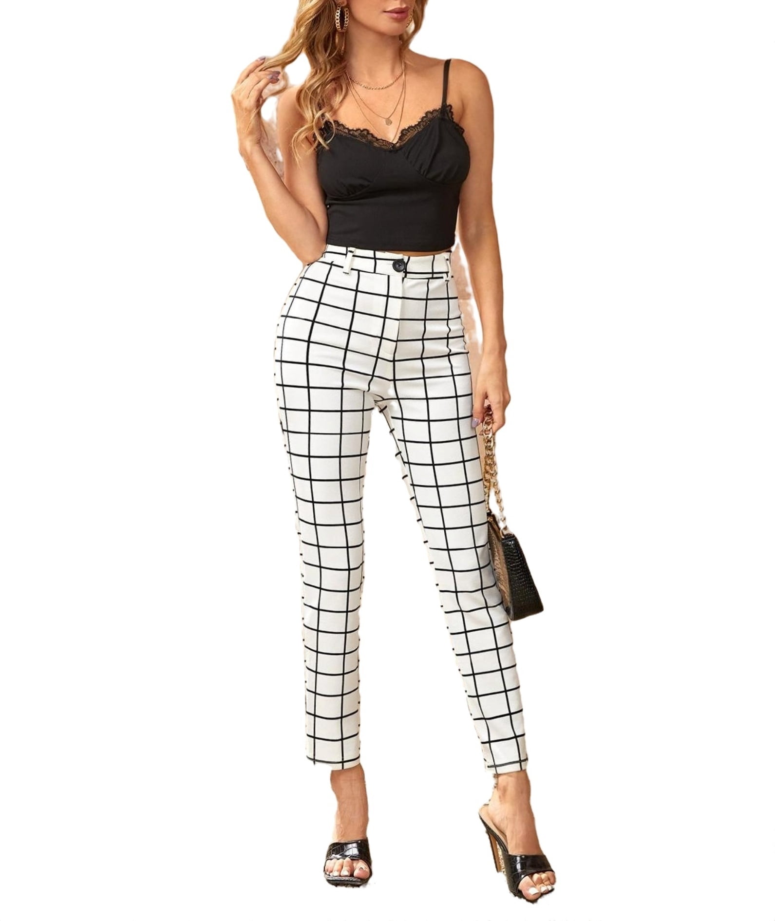 Casual Plaid Skinny White Women Pants (Women's)