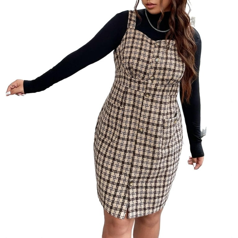 Plus size shop plaid overall dress