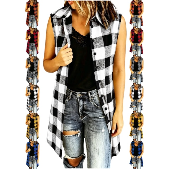 Casual Plaid Vests for Women Collared Sleeveless Button Front Mid-Length Oversized Loose Fit Vest