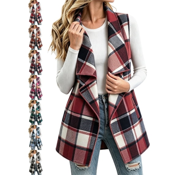 Casual Plaid Vests for Women Oversized Large Lapel Sleeveless Open Front Loose Fit Outerwear