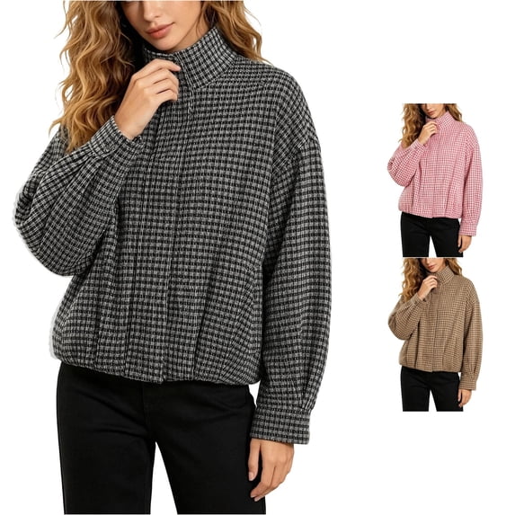 Women's Plaid Zip Front Jacket Collar Long Sleeve Lightweight Fall Coat