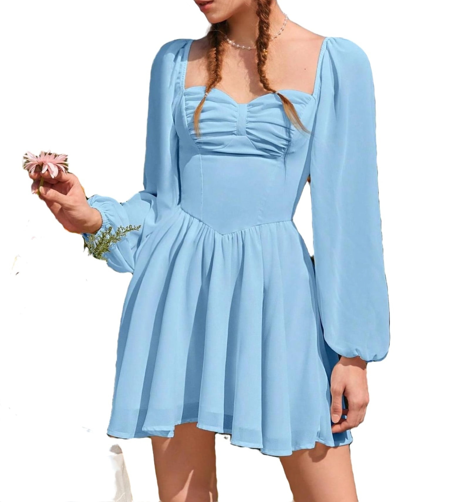Casual Plain A Line Dress Sweetheart Neck Baby Blue Women Dresses