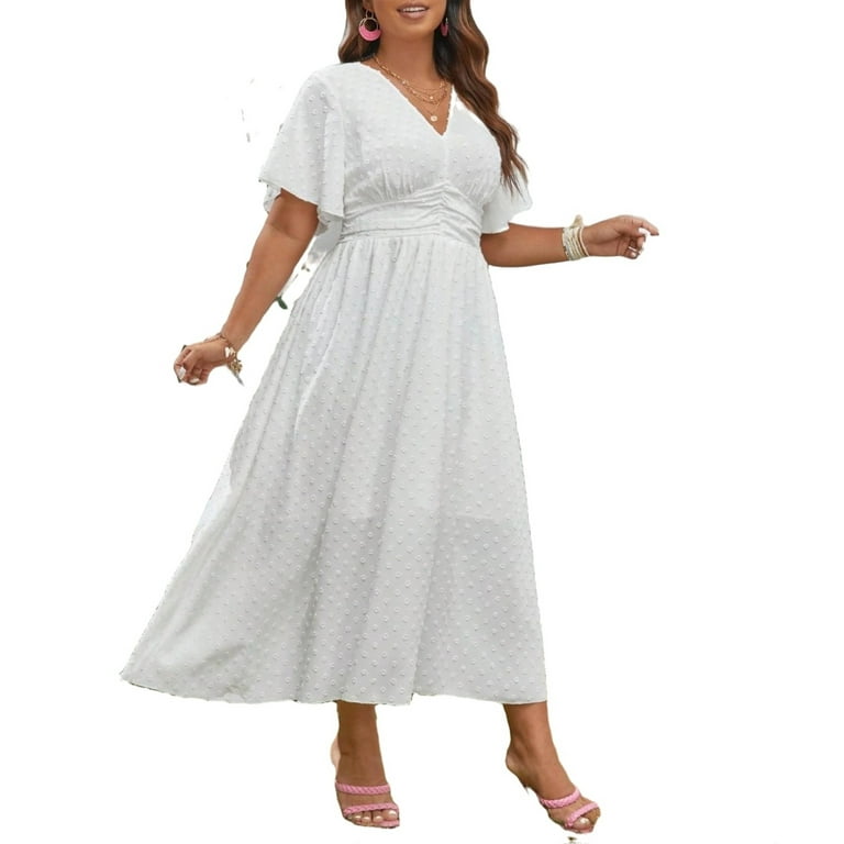 Casual Plain A Line V neck White Plus Size Dresses Walmart