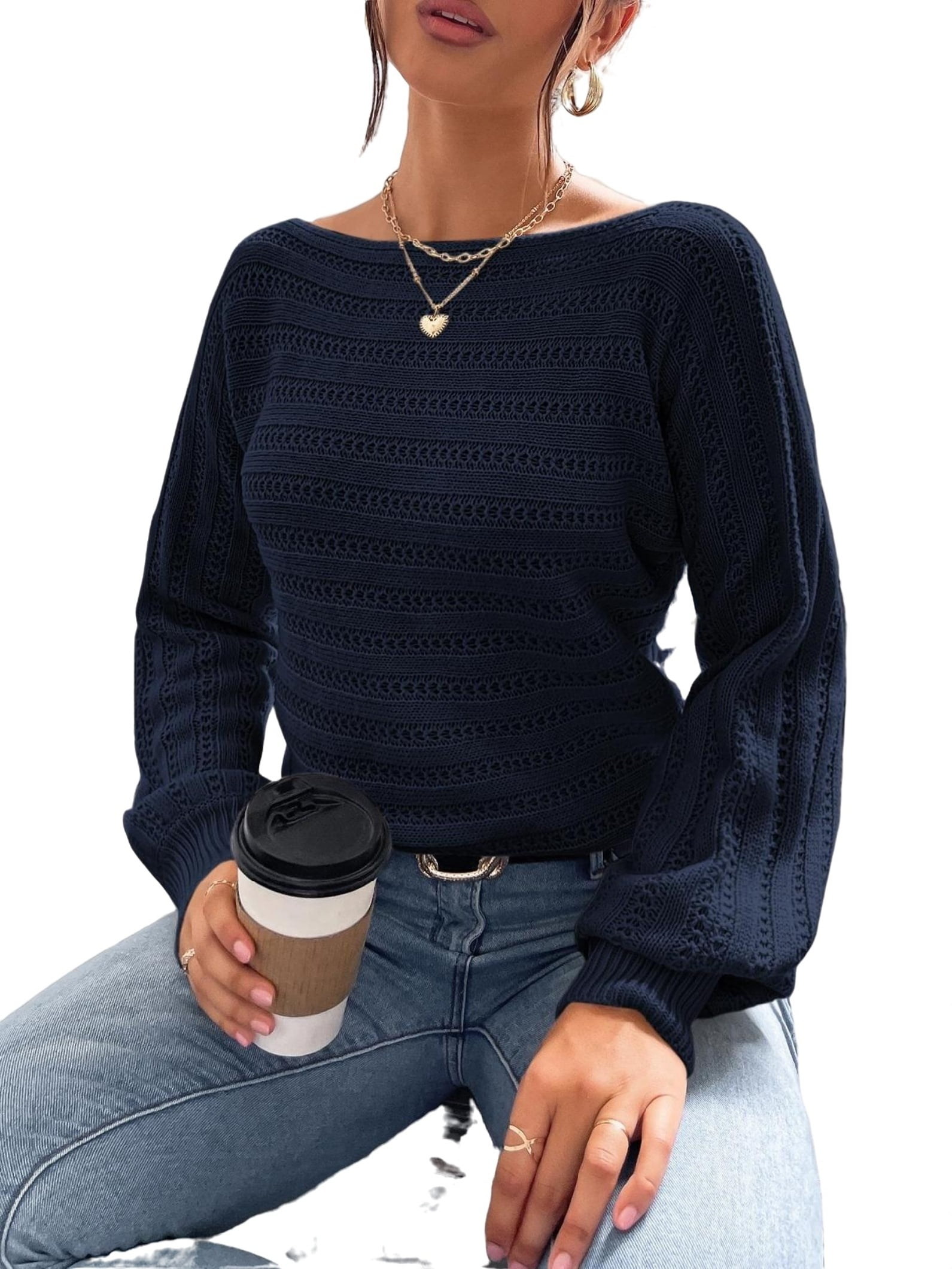 Casual Plain Boat Neck Pullovers Long Sleeve Navy Blue Women Sweaters Women s Walmart