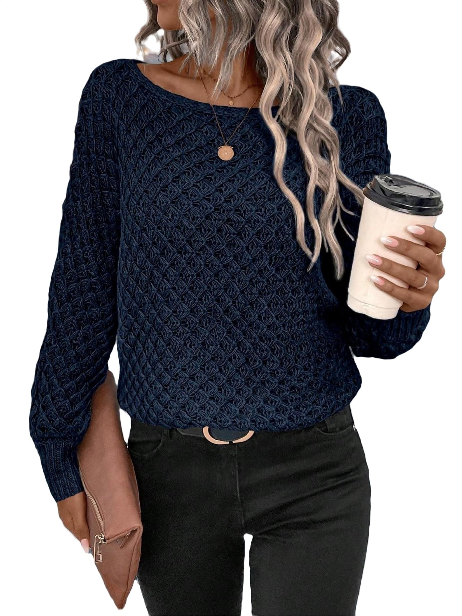 Casual Plain Boat Neck Pullovers Long Sleeve Navy Blue Women Sweaters Women s Walmart