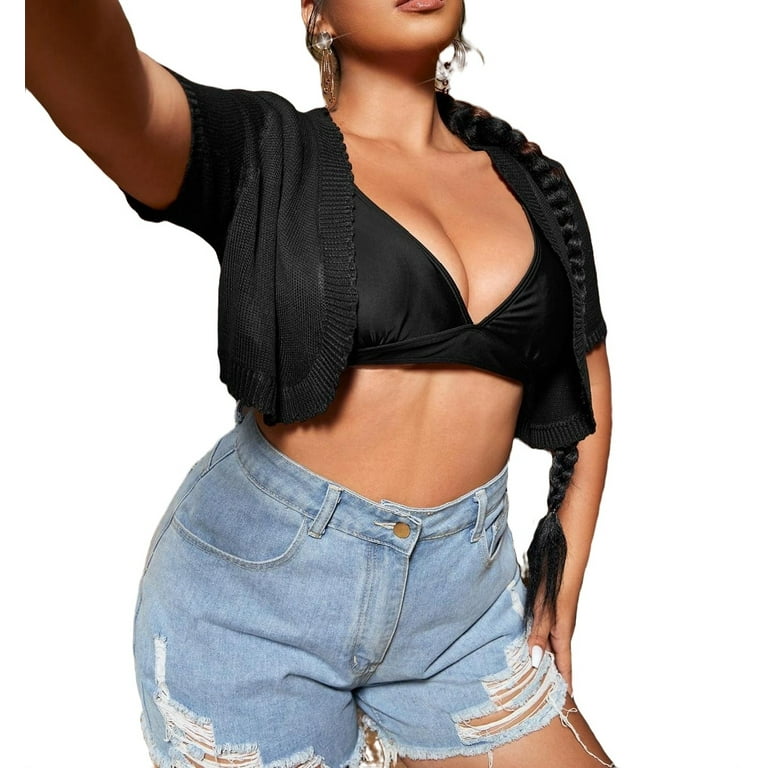 Short sleeve black cardigan plus size deals