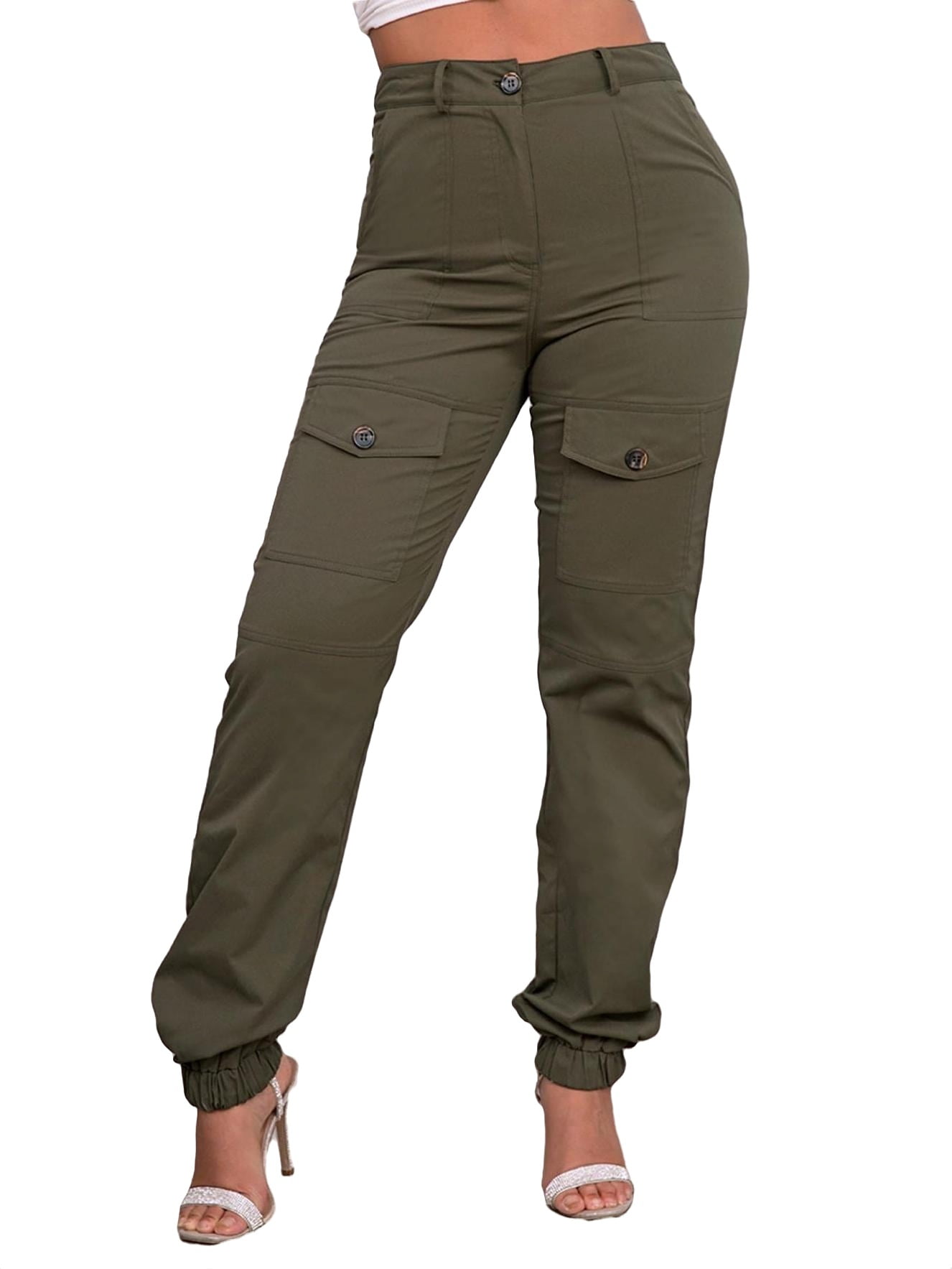 UHUYA Womens Cargo Pants Solid Color Lace-Up Elastic Waist Pockets Casual  Work Pants Army Green M US:6