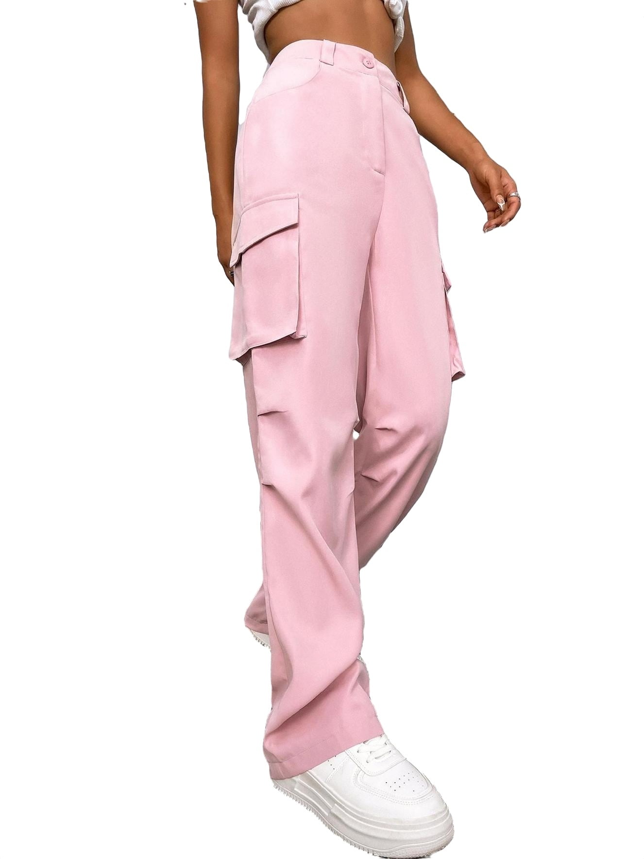Casual Plain Cargo Pants Baby Pink Women's Pants (Women's)
