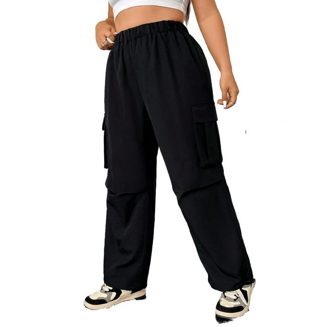 Casual Plain Cargo Pants Black Plus Size Pants (Women's)