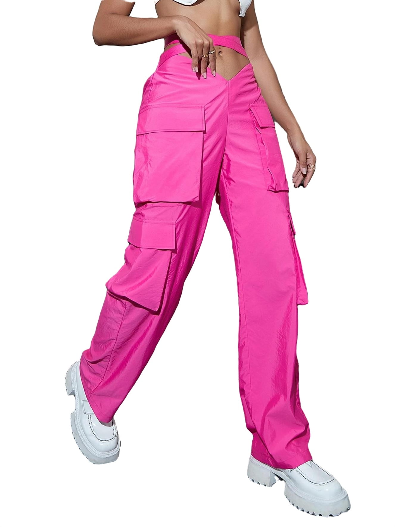 Casual Plain Cargo Pants Hot Pink Women's Pants (Women's)