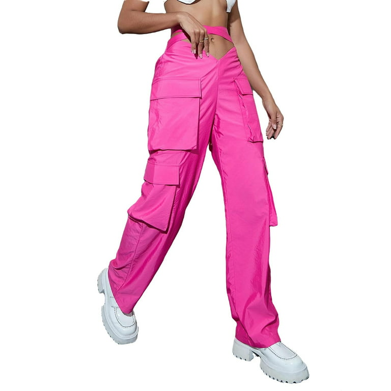 Casual Plain Cargo Pants Hot Pink Women's Pants (Women's