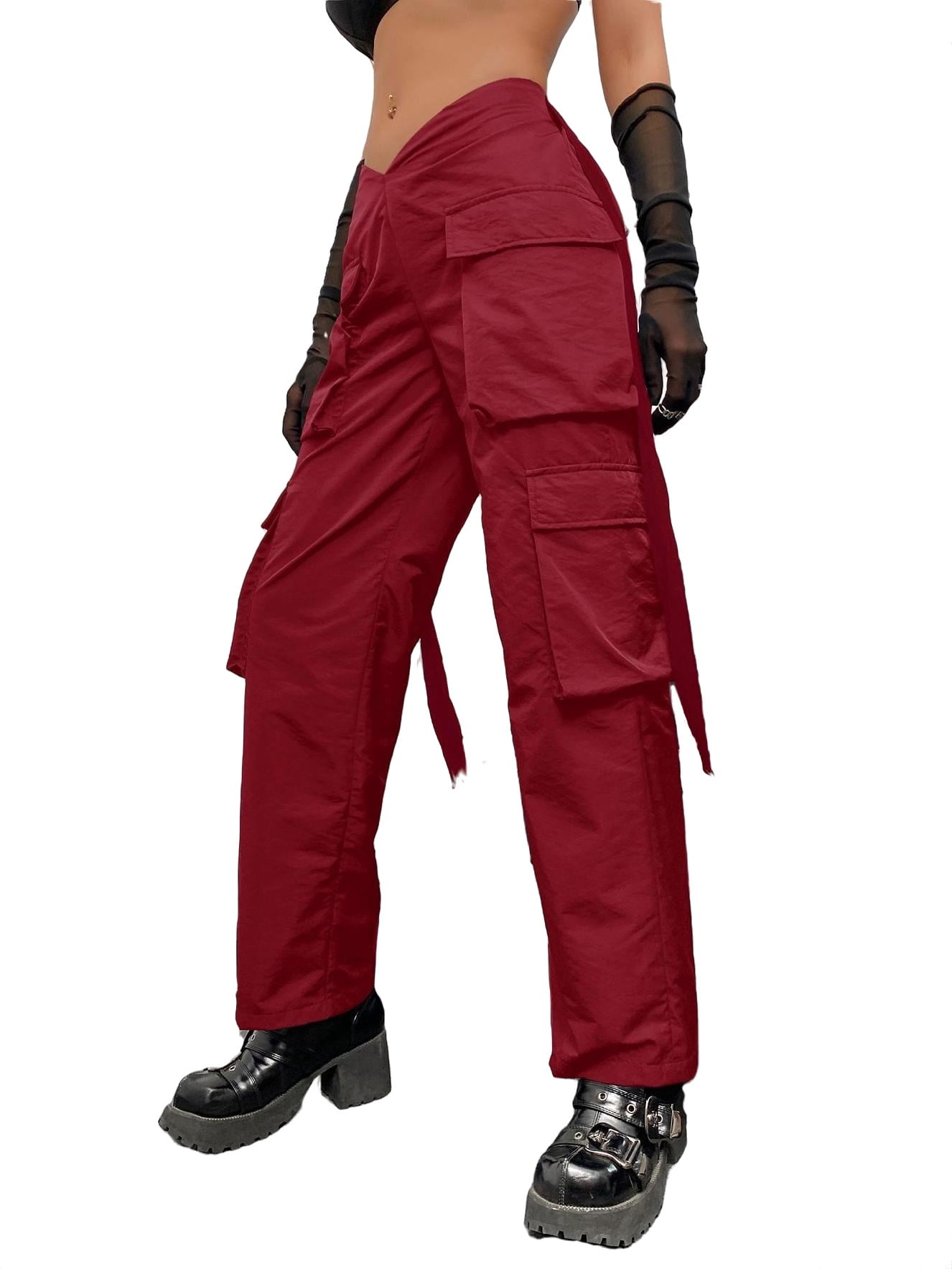 Casual Plain Cargo Pants Red Women's Pants (Women's)