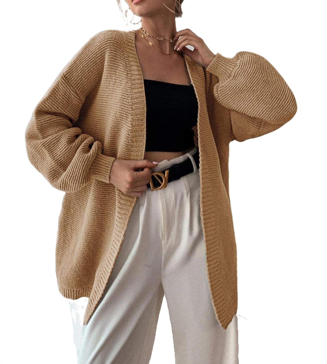 Casual Plain Coat Long Sleeve Khaki Women Cardigans (Women's)