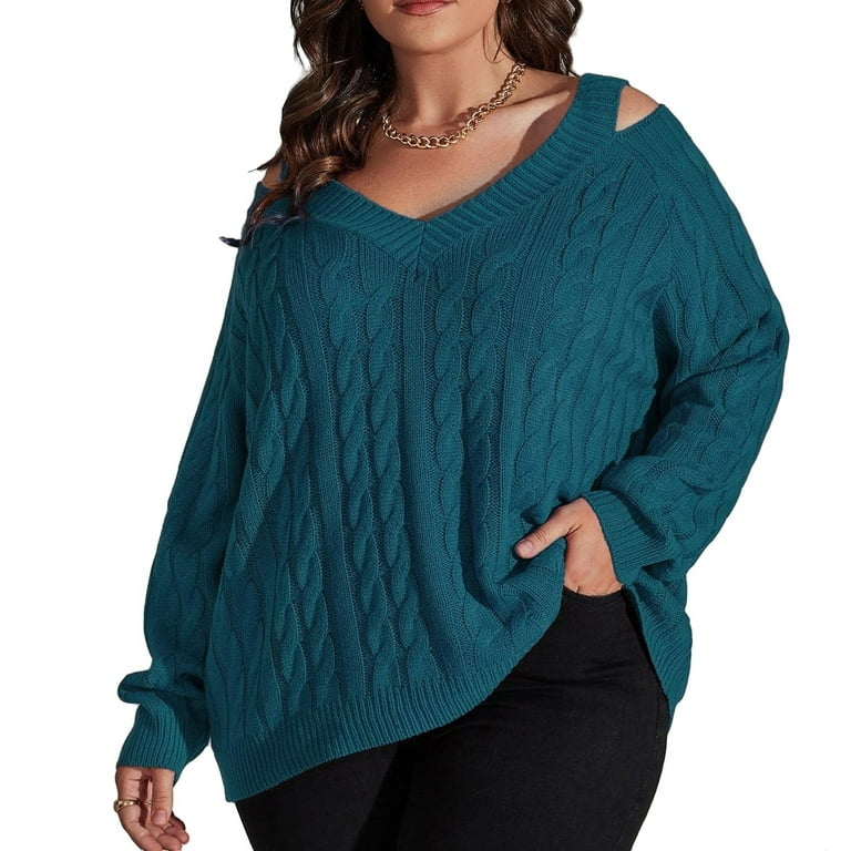 Casual Plain Cold Shoulder Pullovers Long Sleeve Teal Blue Plus