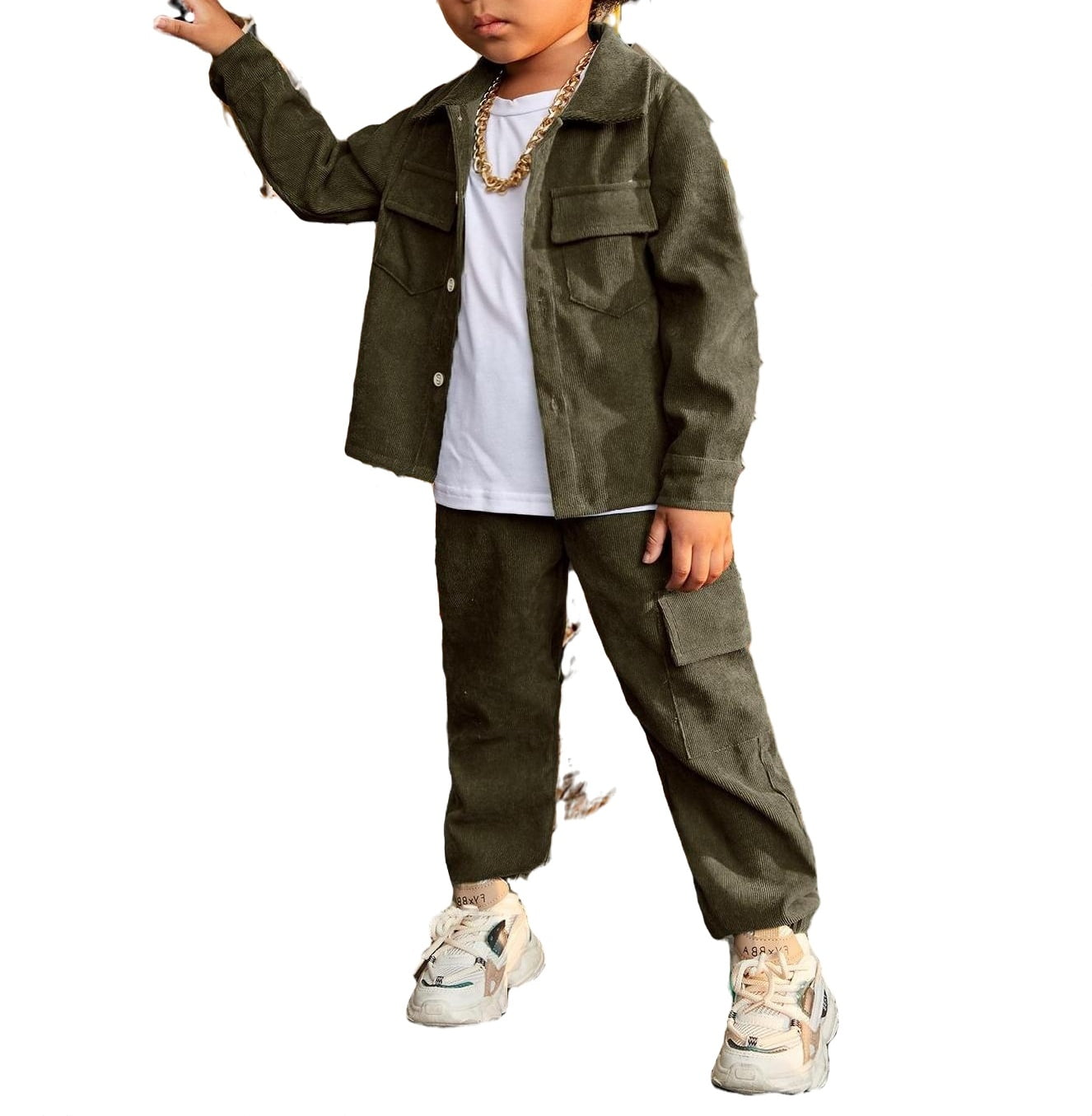 2-piece Toddler Boy Solid Lapel Collar Chest Pocket Long-sleeve Top and Pants Army Green Set