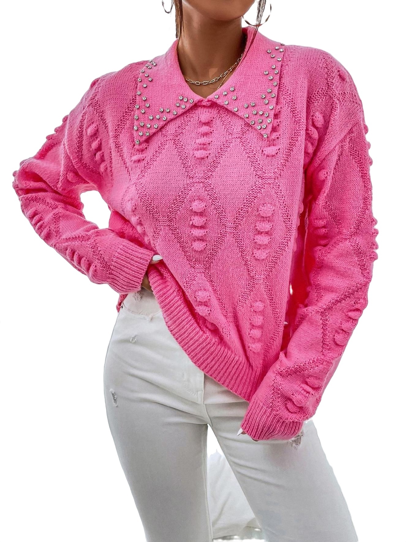 Casual Plain Collar Pullovers Long Sleeve Hot Pink Women's Sweaters