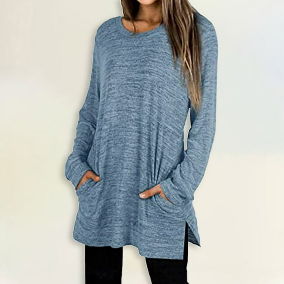 Casual Plain Crewneck Split Side Long Sleeve Tops Tee Shirts With Pockets Big And Tall Athletic Hoodie Ladies Sweater Jacket Sweatshirts Women Dog Mom Sweatshirt Women Dressy Womens Hoodie Hoodie Open