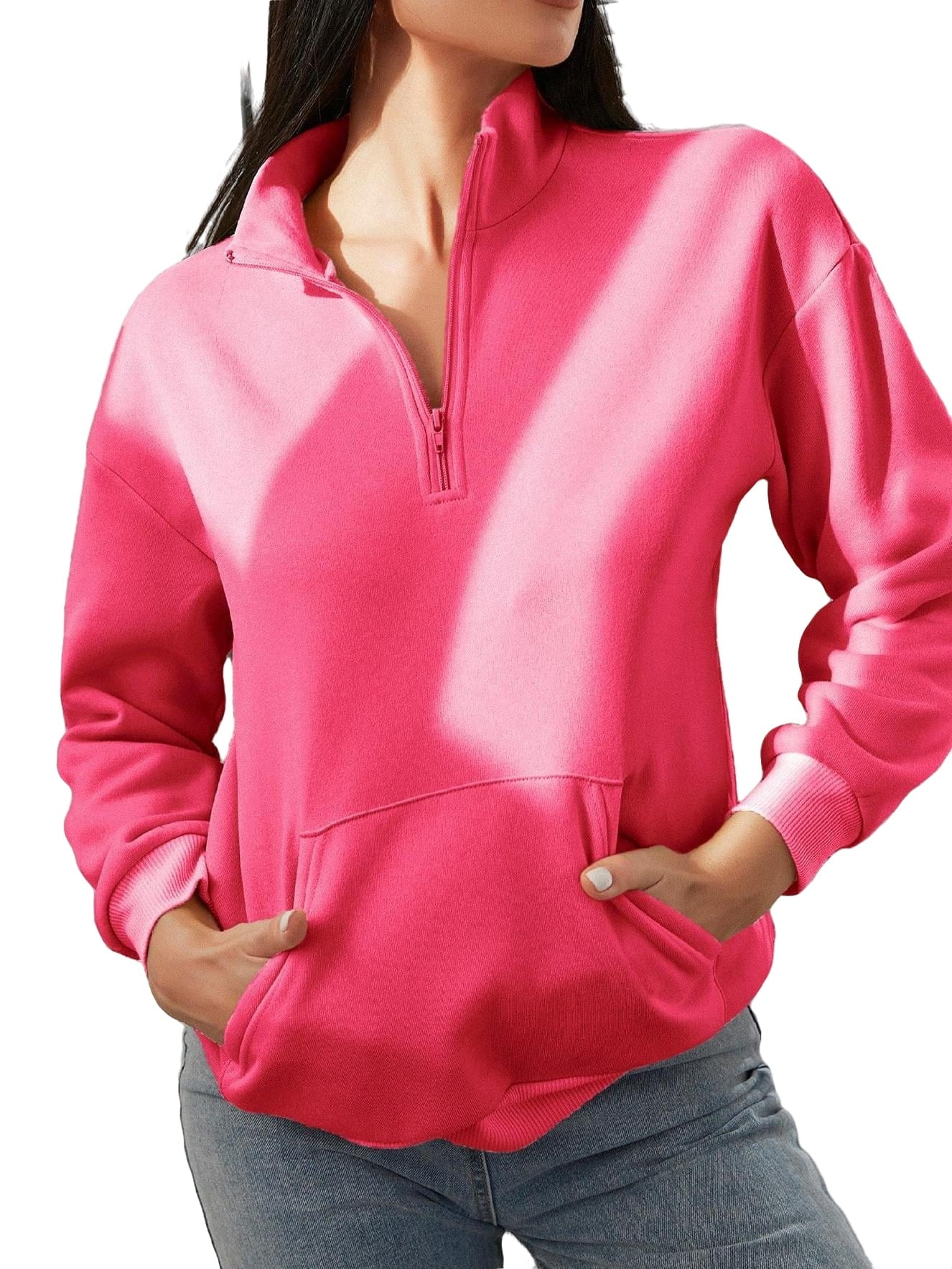 Casual Plain Funnel Neck Half Placket Long Sleeve Hot Pink Women Sweatshirts Women s