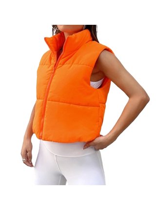 CAICJ98 Fall Vests for Women 2023 Women's Fashion High Neck Zipper Cropped  Puffer Vest Jacket Coat Orange,3XL 