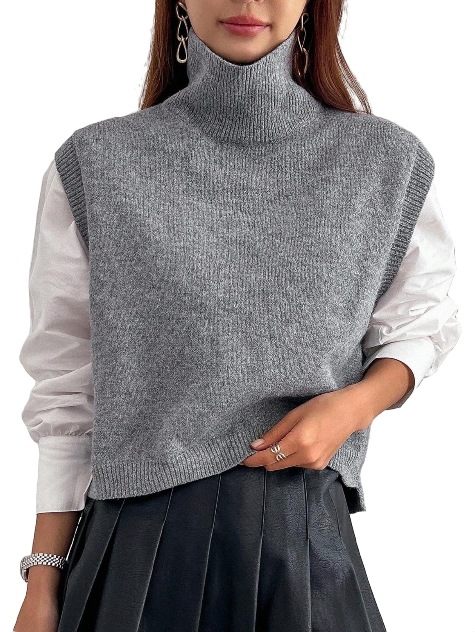 Casual Plain High Neck Grey Women Sweater Vests (Women's