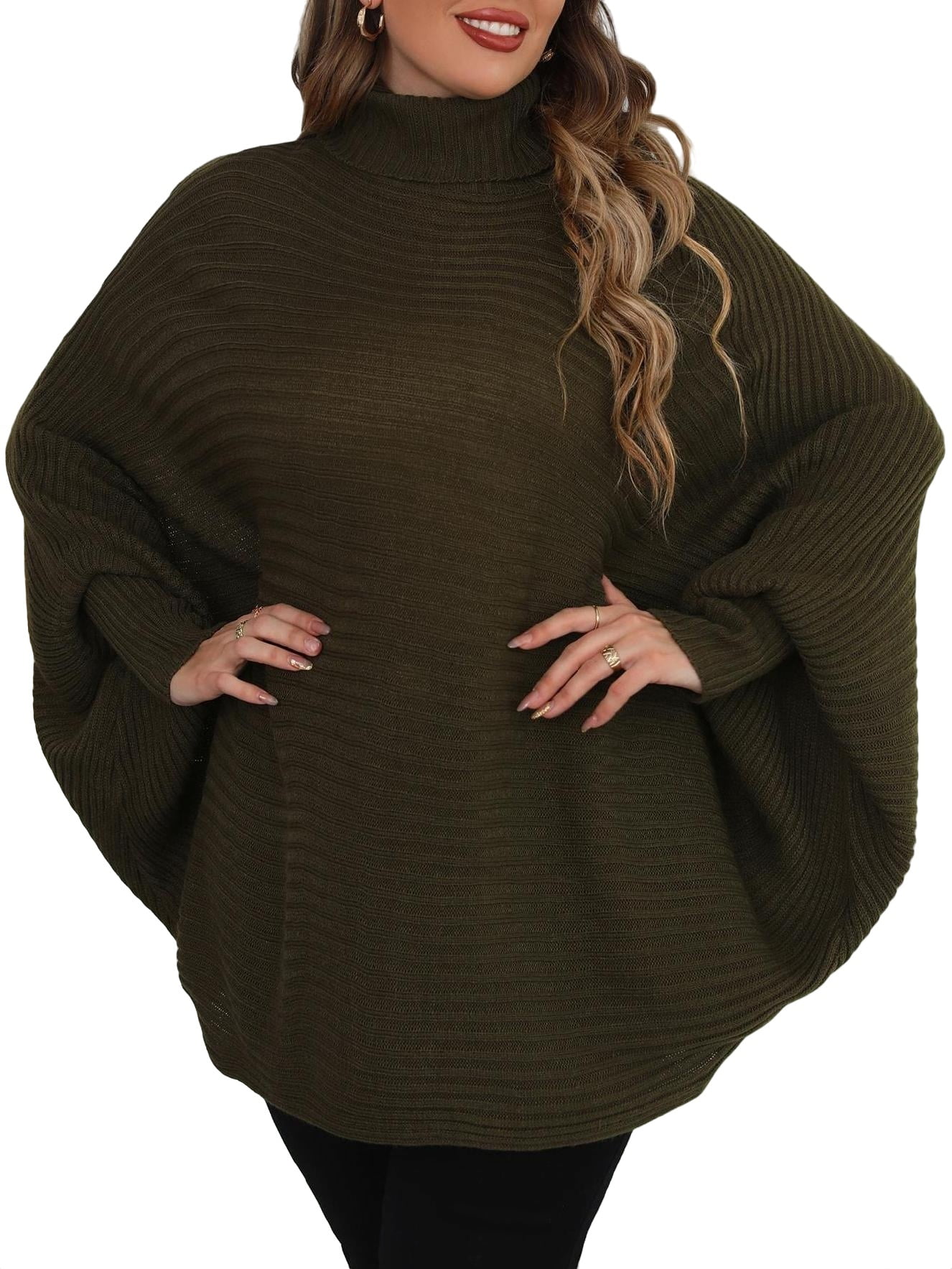 Casual Plain High Neck Poncho Long Sleeve Army Green Plus Size Sweaters  (Women's Plus) - Walmart.com