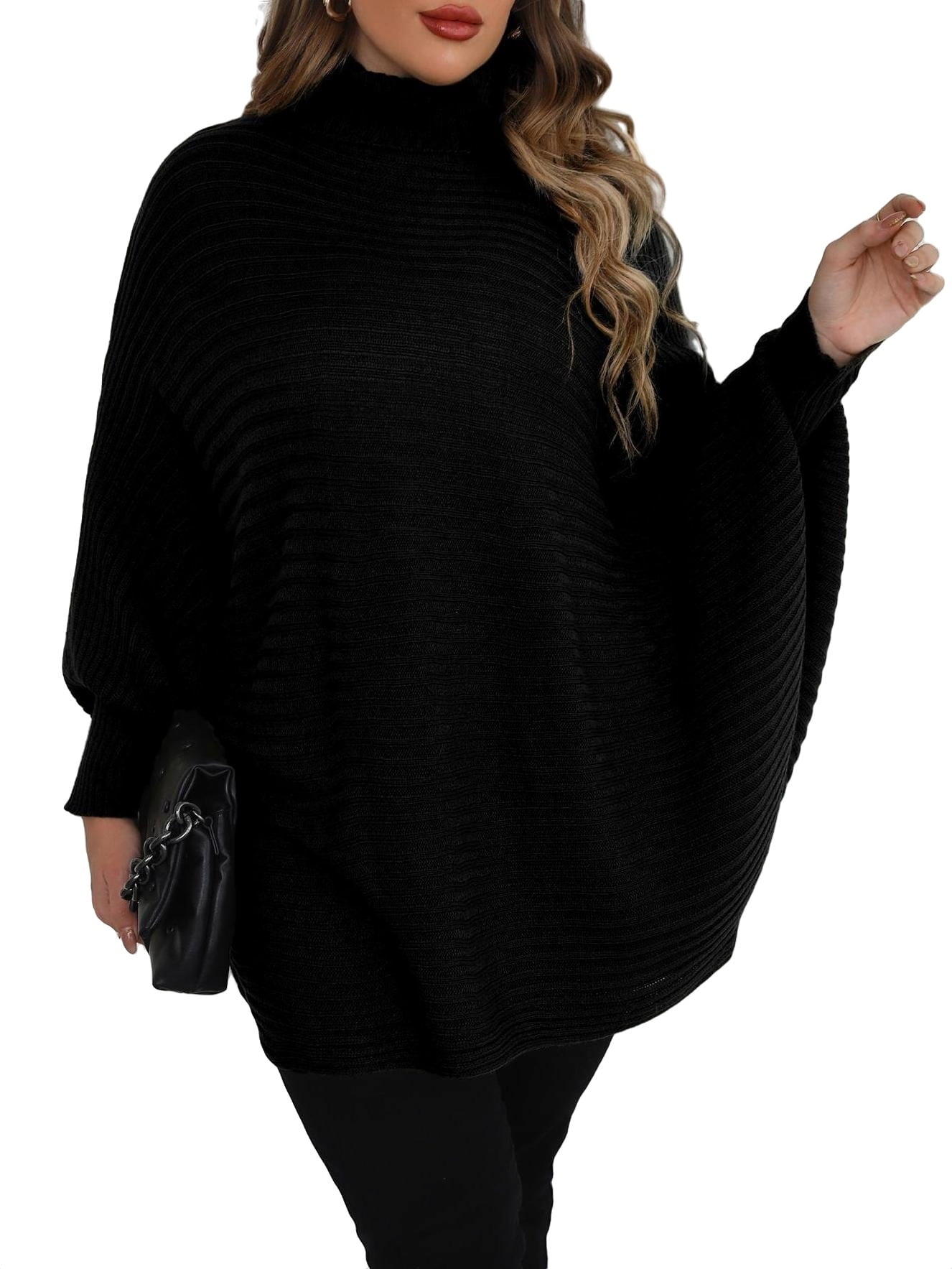 Casual Plain High Neck Poncho Long Sleeve Black Plus Size Sweaters (Women's  Plus)