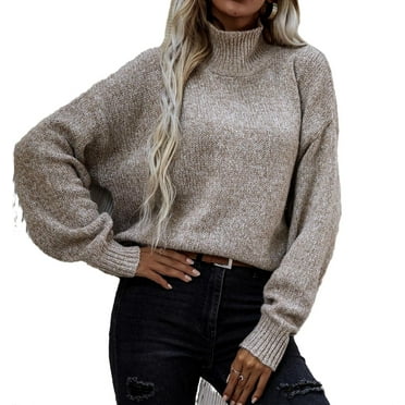 Casual Plain High Neck Pullovers Long Sleeve Apricot Women Sweaters (Women's)