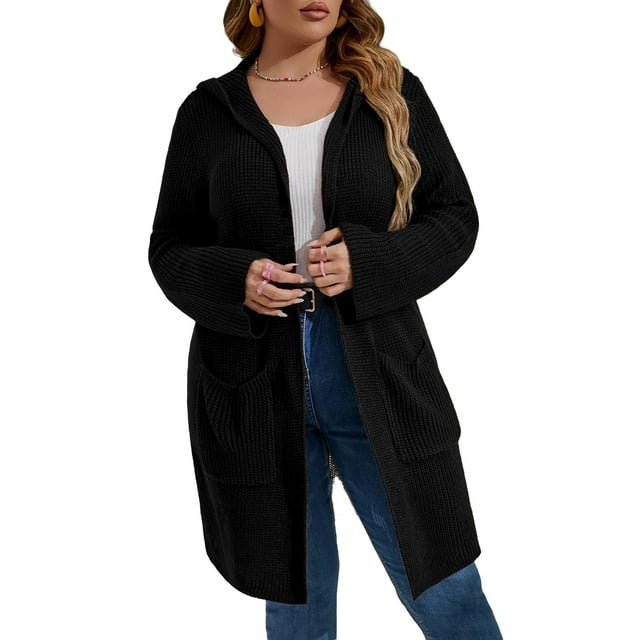 Casual Plain Hooded Cardigan Long Sleeve Black Plus Size Cardigans