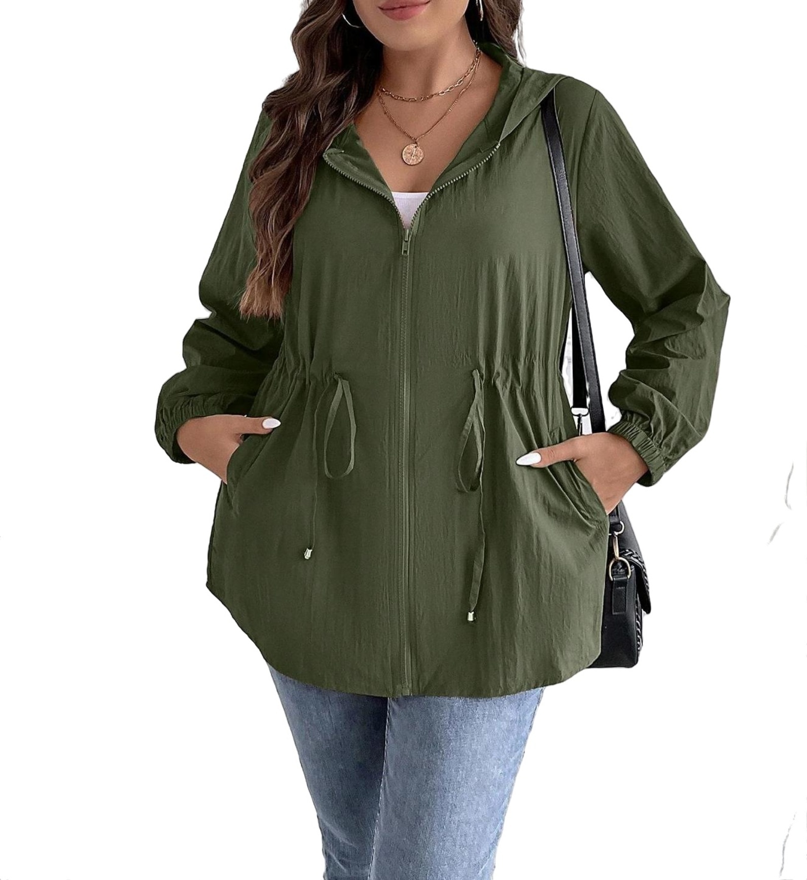 Casual Plain Hooded Coat Long Sleeve Dark Green Plus Size Coats (Women