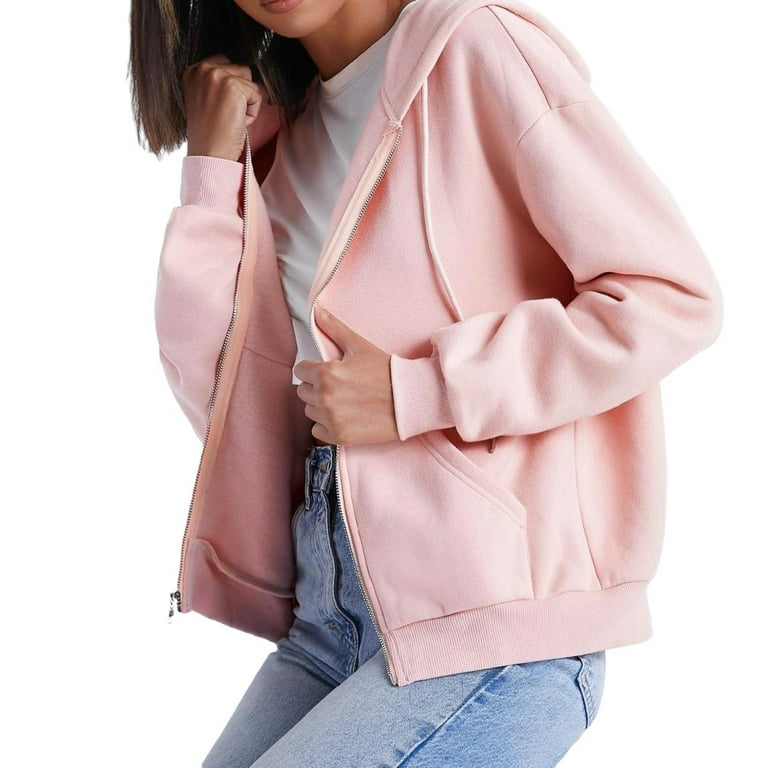 Casual Plain Hooded Neck Zip Up Long Sleeve Baby Pink Women Sweatshirts ( Women's) 