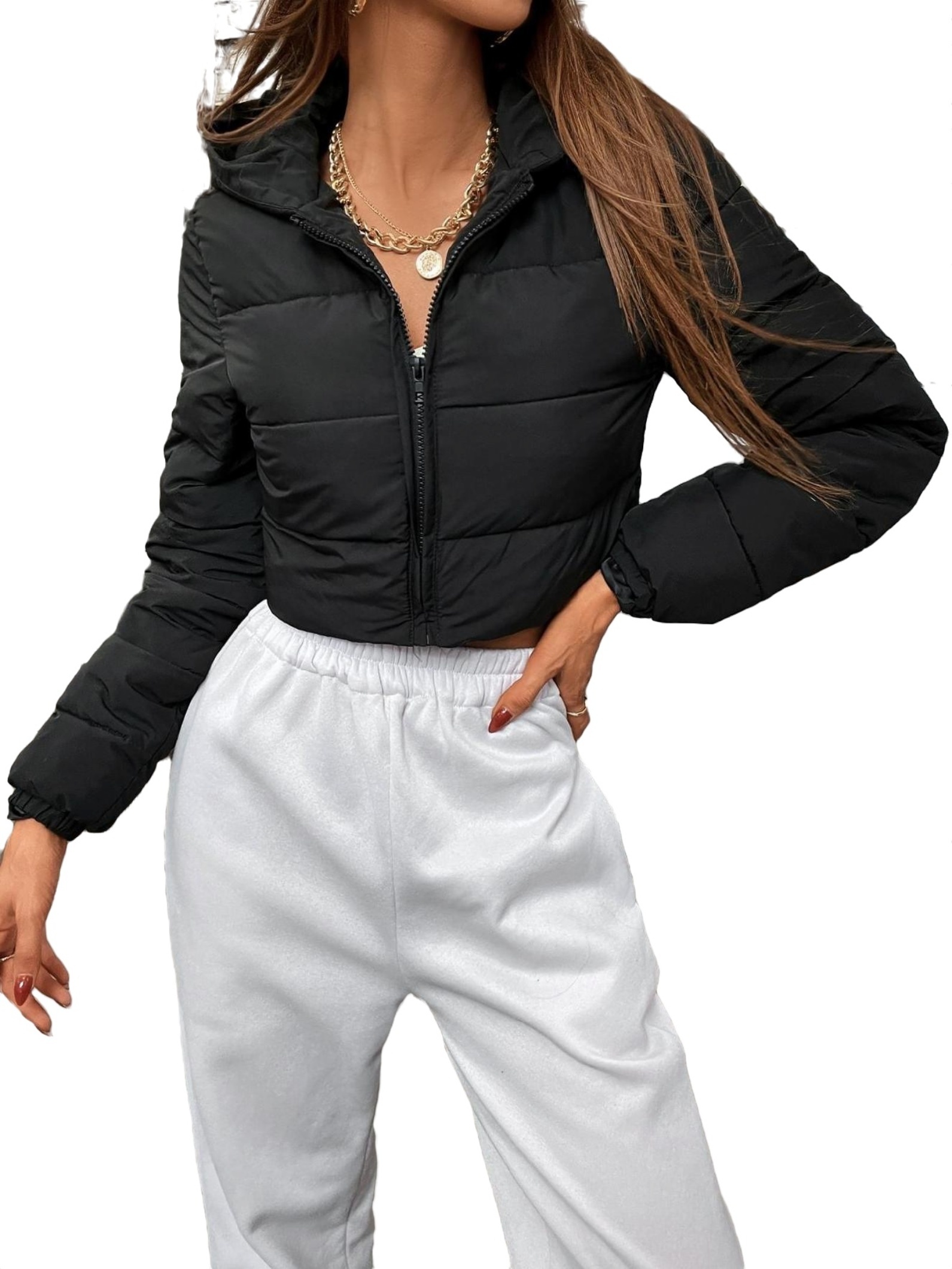 Casual Plain Hooded Puffer Black Women Winter Coats - Walmart.com