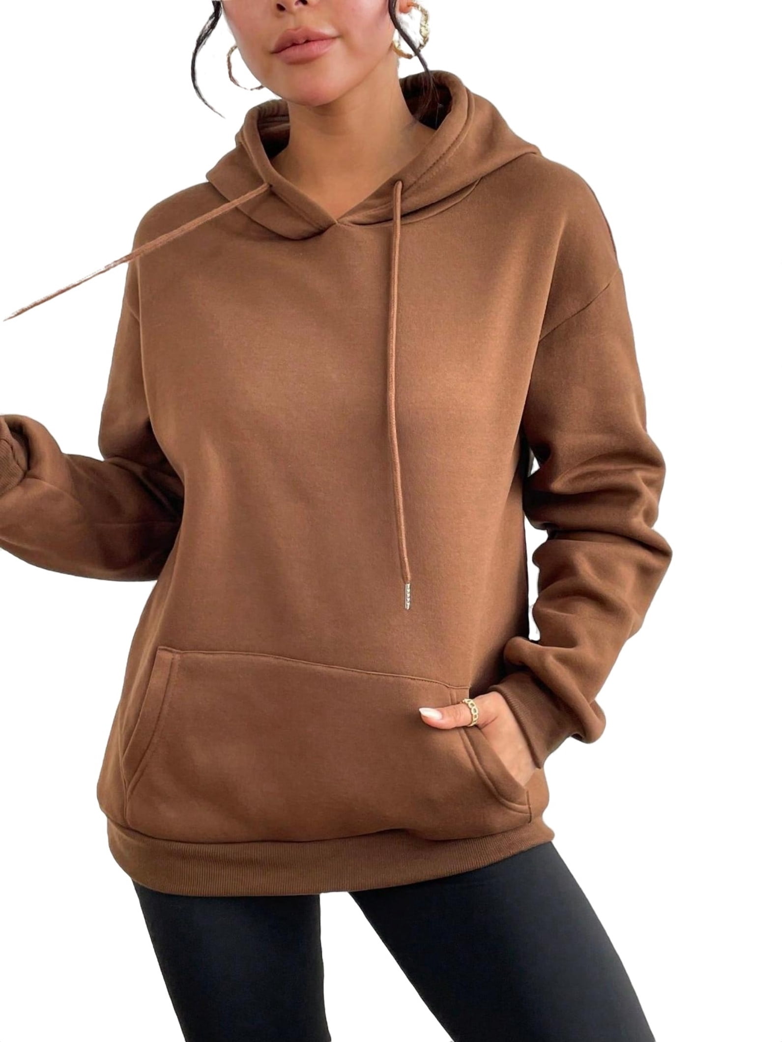 Casual Plain Hooded Pullover Brown Women Sweatshirts - Walmart.com