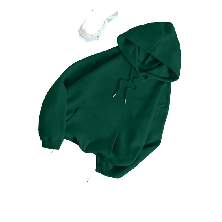 Casual Plain Hooded Pullover Dark Green Women Sweatshirts