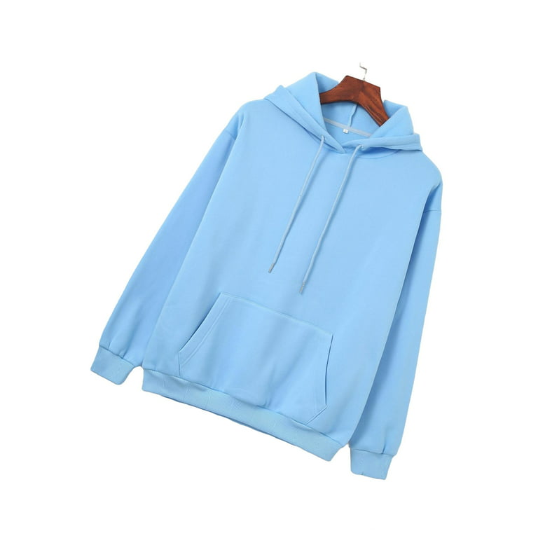 Casual Plain Hooded Pullovers Long Sleeve Baby Blue Women Sweatshirts  (Women's)