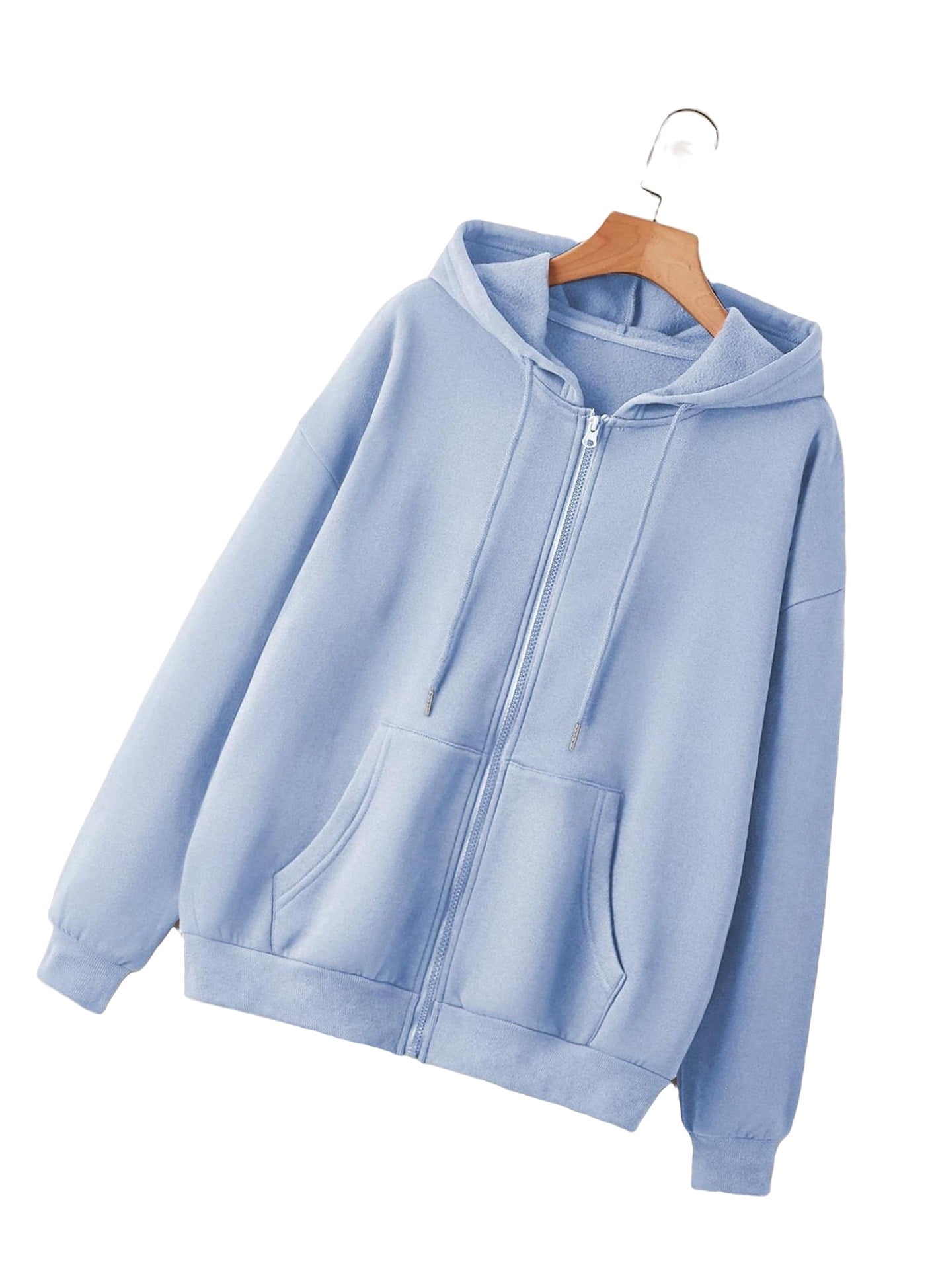 Casual Plain Hooded Zip Up Long Sleeve Baby Blue Women Sweatshirts (Women's)
