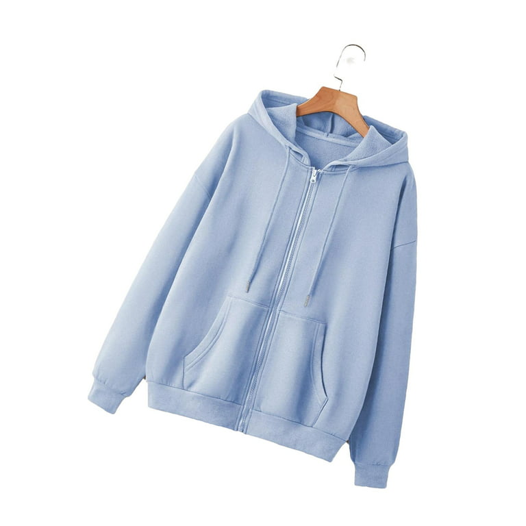 Casual Plain Hooded Zip Up Long Sleeve Baby Blue Women Sweatshirts (Women's)