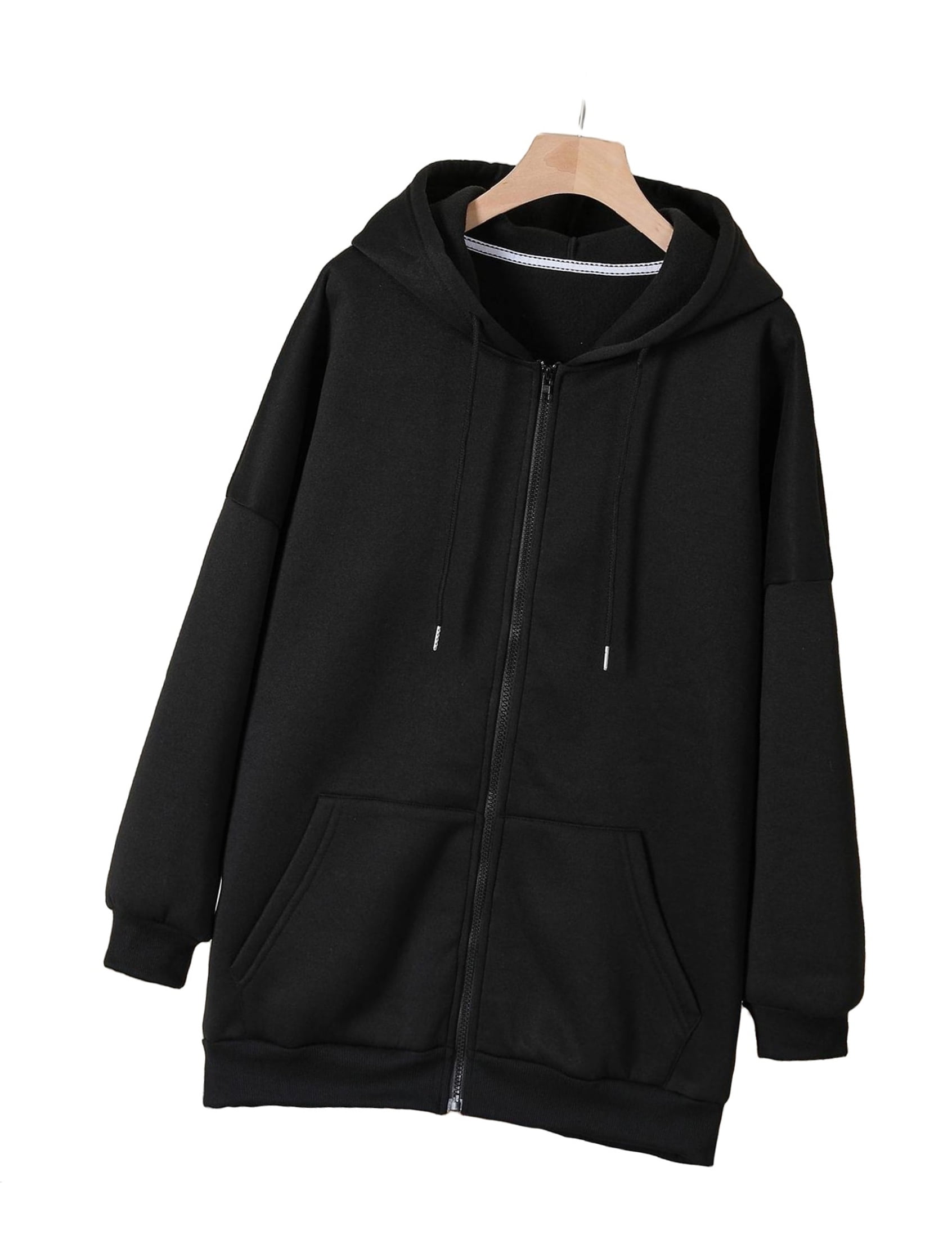 Casual Plain Hooded Zip Up Long Sleeve Black Plus Size Sweatshirts ...