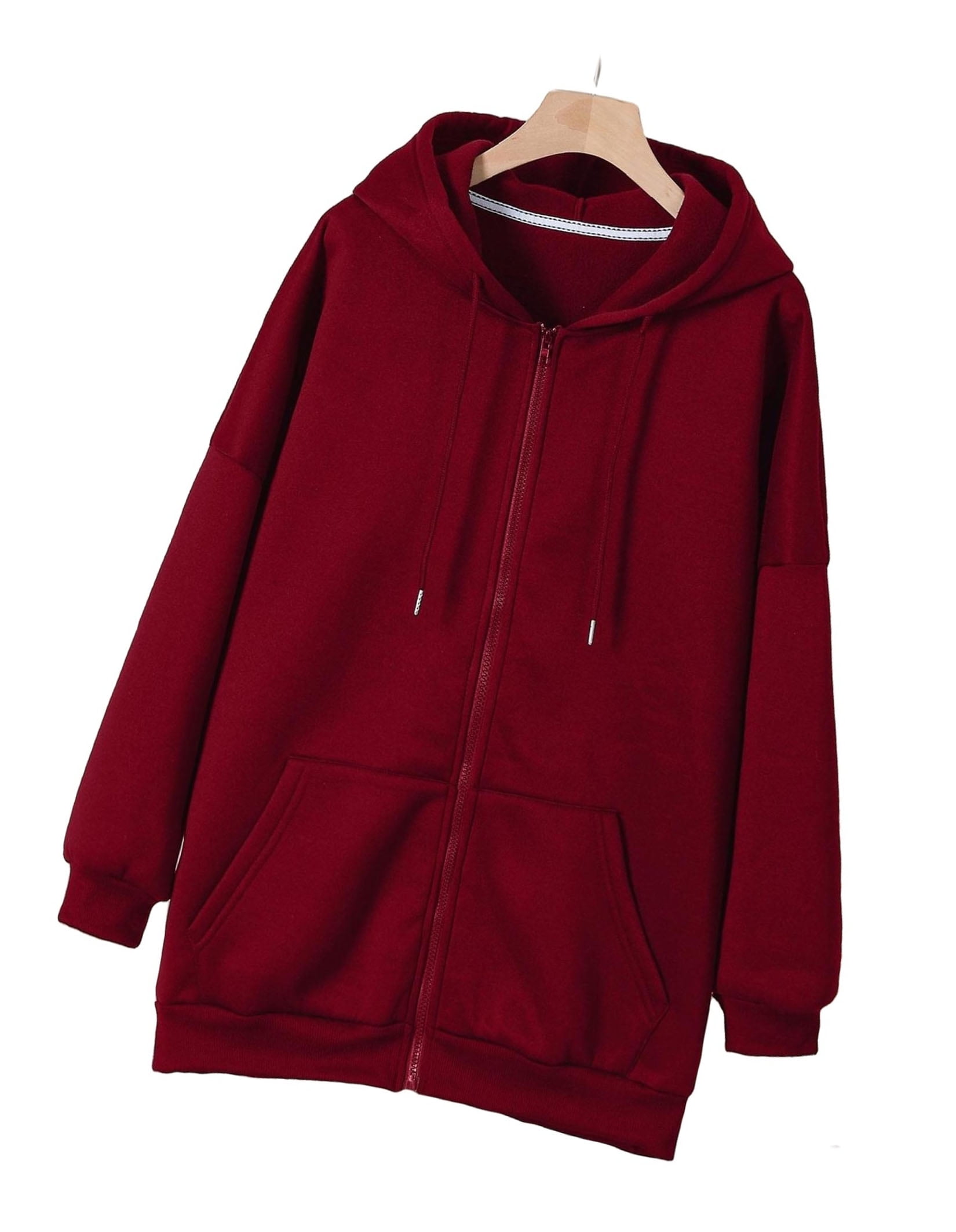 Casual Plain Hooded Zip Up Long Sleeve Burgundy Plus Size Sweatshirts Women s